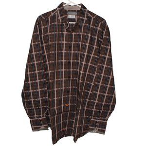 Thomas Dean Mens Size XL Brown Check 100% Cotton Long Sleeve Dress Shirt